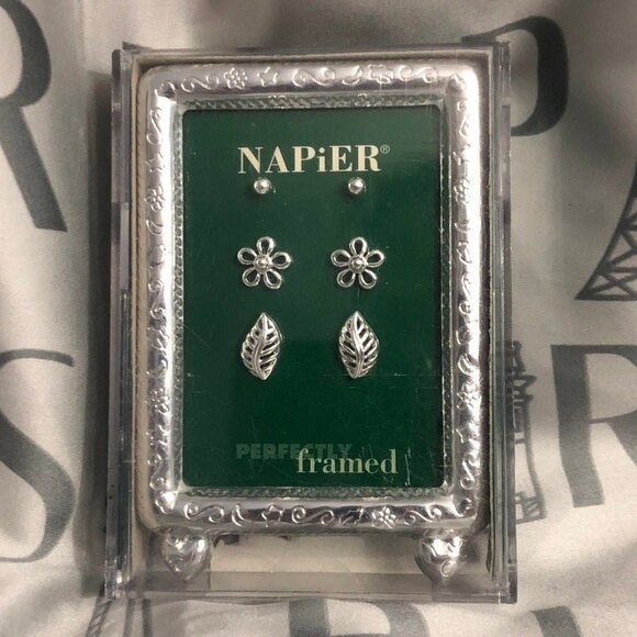 Napier Perfectly Framed Silver Tone Pierced Earring Set NEW - Picture 1 of 5